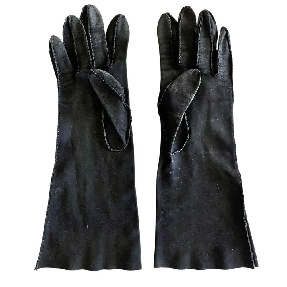 Vintage Leather-Tailored Black Fabric Forearm Long Evening Gloves Size 7